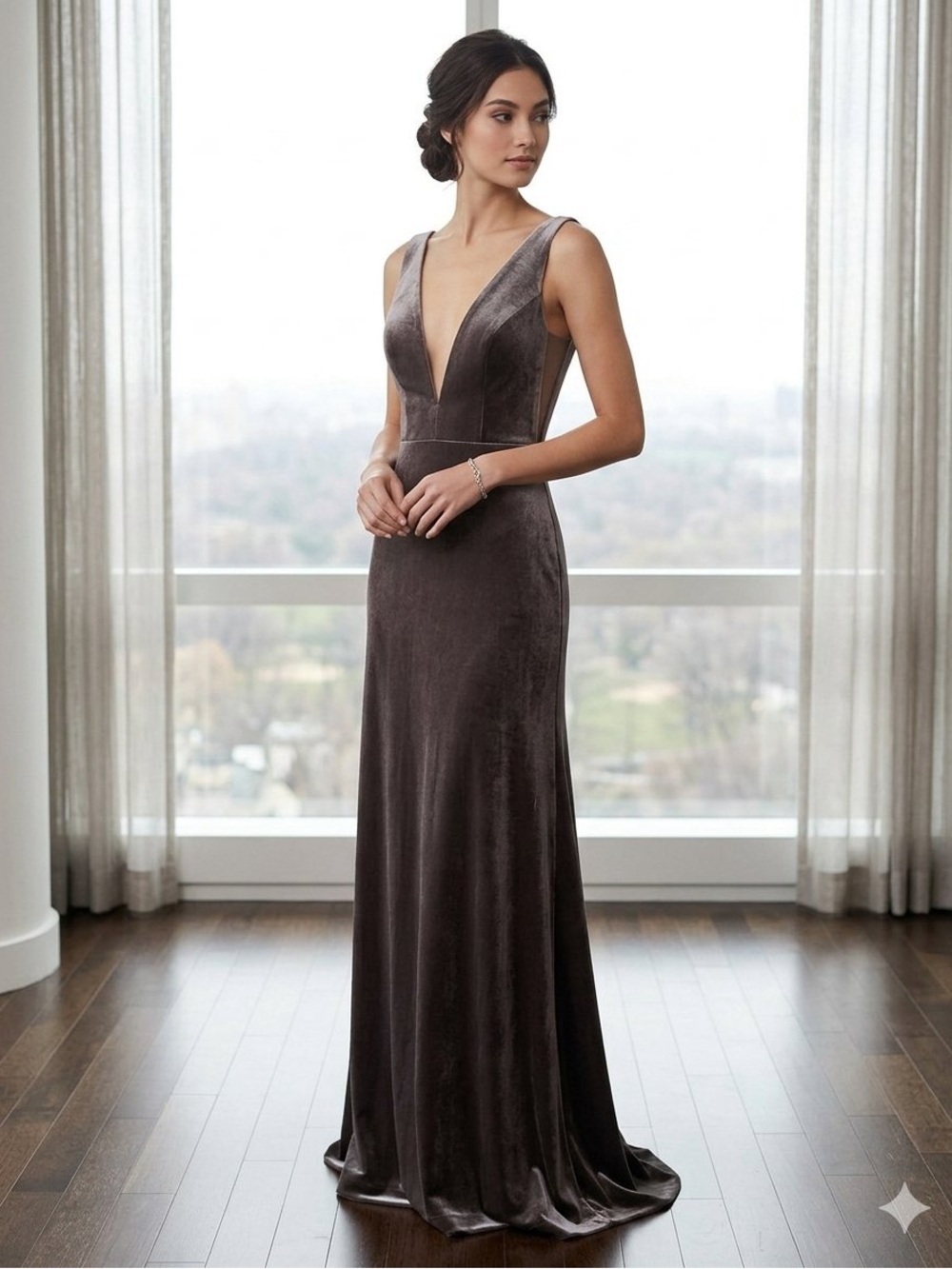 Jenny Yoo Collection Velvet Maxi Gown with Plunging V-Neck